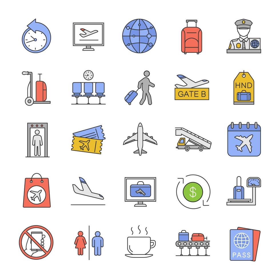 Airport service color icons set. Passport control, baggage check, tickets, flights management. Isolated vector illustrations