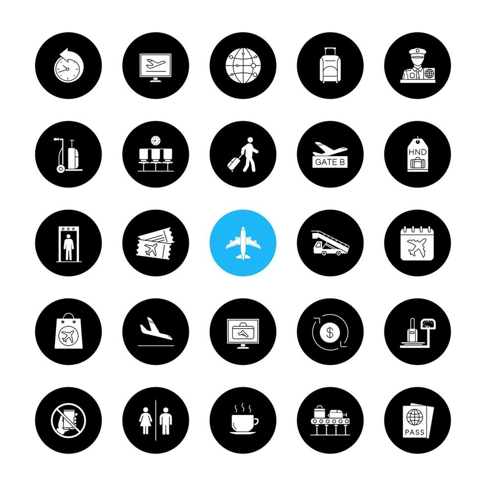 Airport service glyph icons set. Passport control, baggage check, tickets, flights management. Vector white silhouettes illustrations in black circles