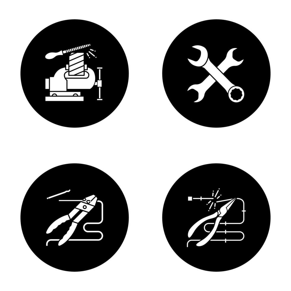 Construction tools glyph icons set. Bench vice, crossed wrenches, gripping tongs, combination pliers. Vector white silhouettes illustrations in black circles