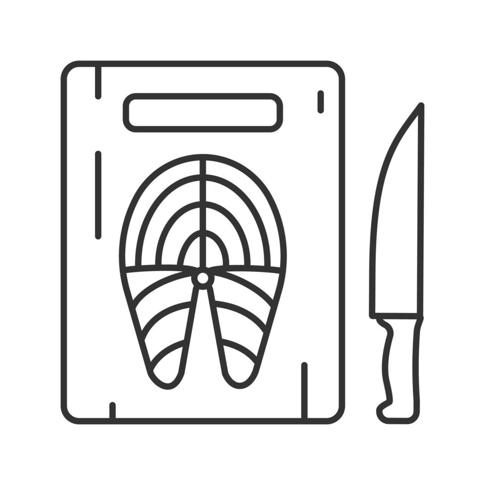 Cutting board with fish steak and knife linear icon. Thin line illustration. Salmon steak. Contour symbol. Vector isolated outline drawing