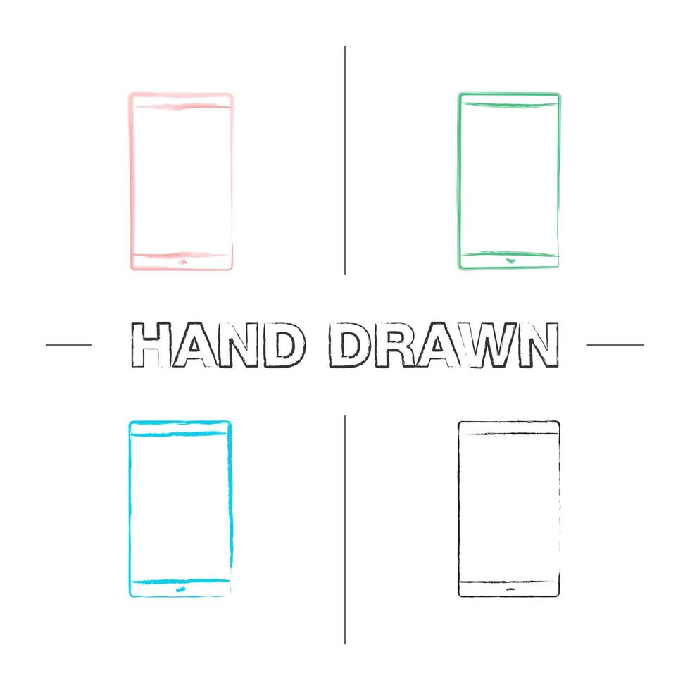 Smartphone hand drawn icons set. Mobile phone. Color brush stroke. Isolated vector sketchy illustrations