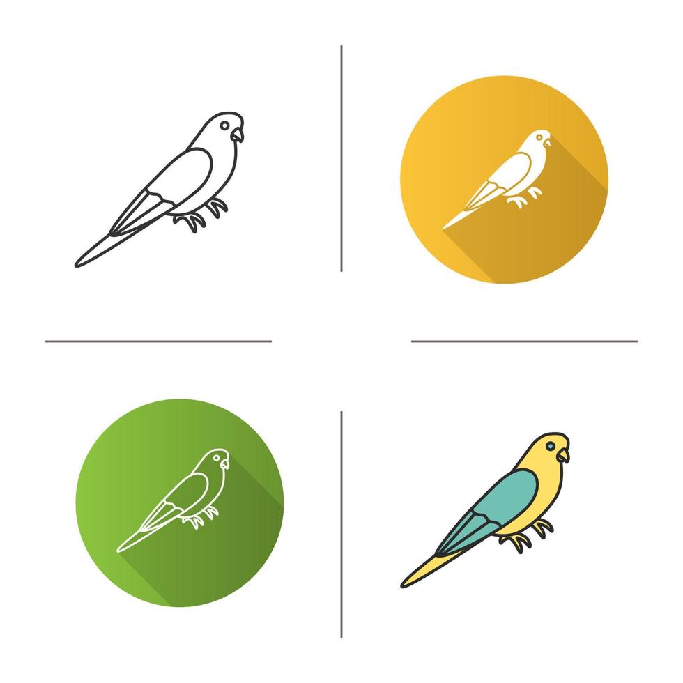 Budgerigar icon. Flat design, linear and color styles. Common parakeet. Parrot. Isolated vector illustrations