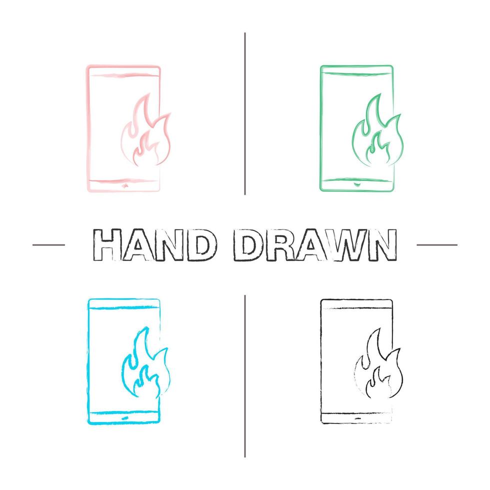 Fire emergency calling hand drawn icons set. Broken phone. Deadline. Smartphone with flame. Color brush stroke. Isolated vector sketchy illustrations