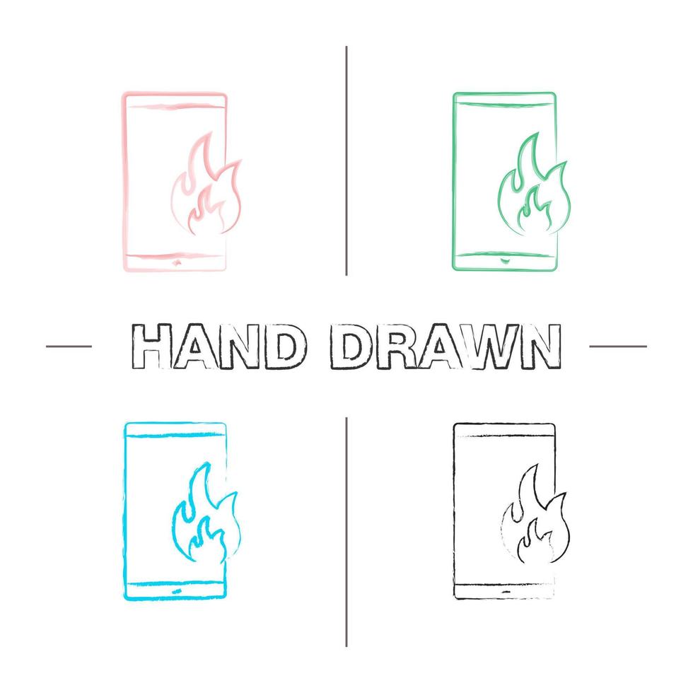 Fire emergency calling hand drawn icons set. Broken phone. Deadline. Smartphone with flame. Color brush stroke. Isolated vector sketchy illustrations