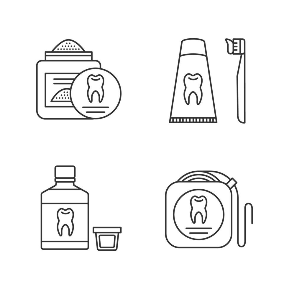 Dentistry linear icons set. Stomatology. Tooth powder, dental floss, mouthwash, toothpaste and toothbrush. Thin line contour symbols. Isolated vector outline illustrations