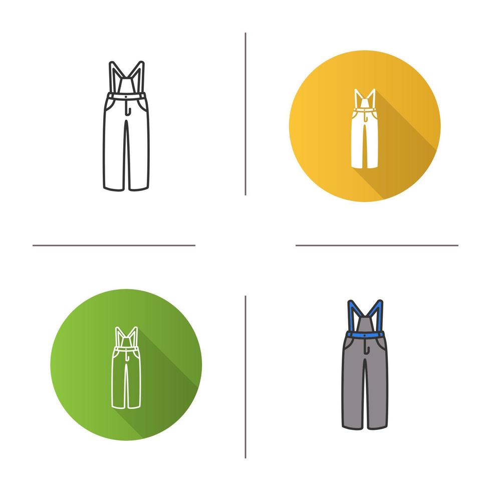 icono de pantalones de esquí. invierno en general. babero y corsé. Diseño plano, estilos lineales y de color. ilustraciones de vectores aislados