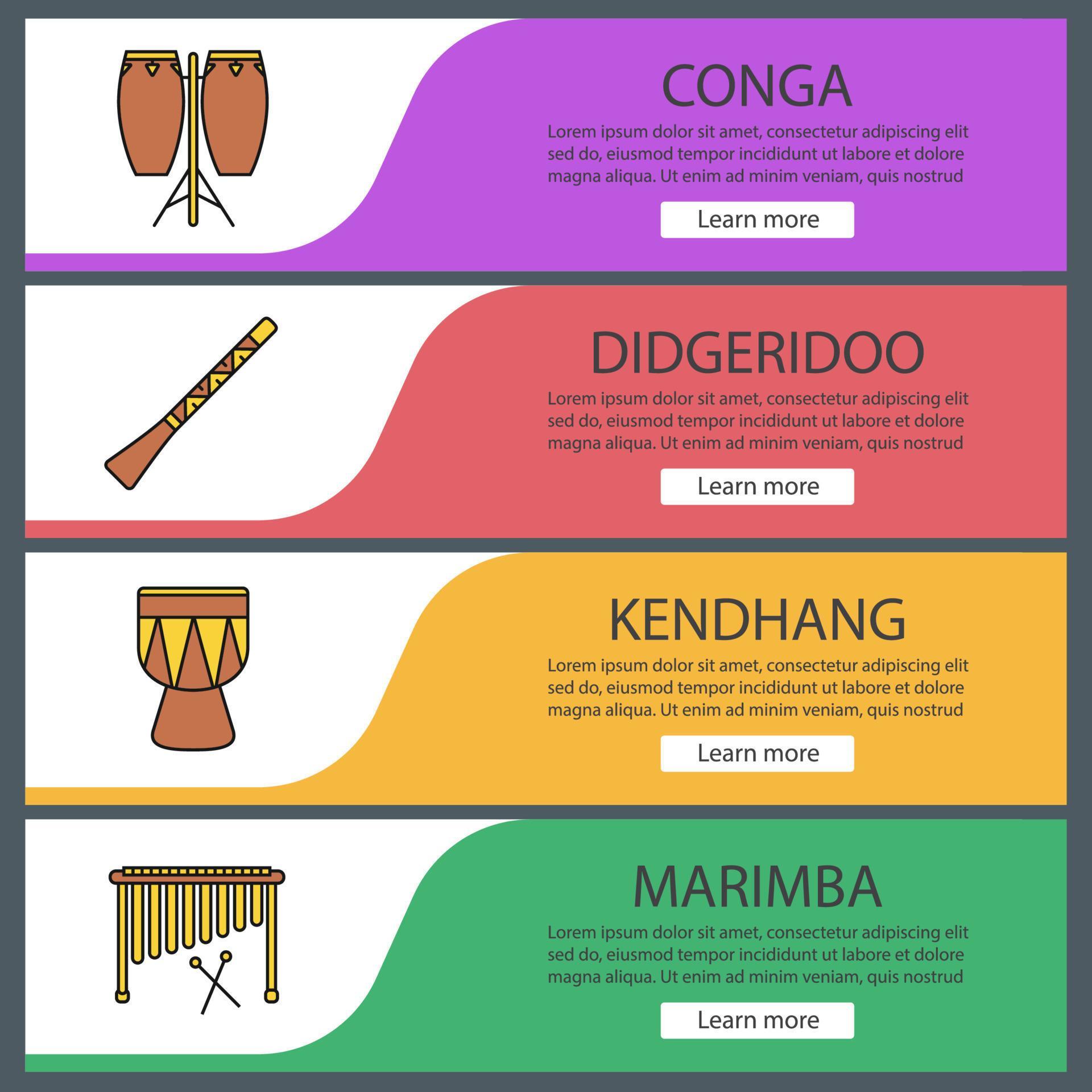 Musical instruments web banner templates set. Conga, didgeridoo