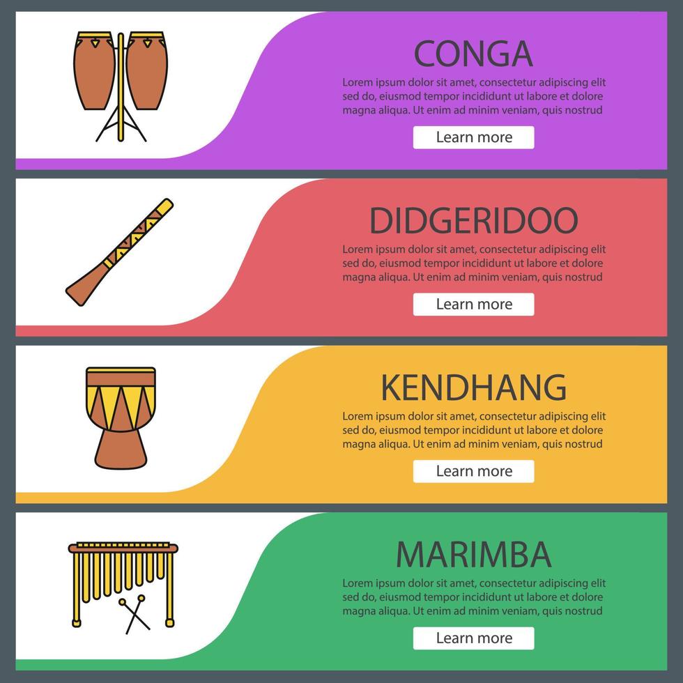 conjunto de plantillas de banner web de instrumentos musicales. conga, didgeridoo, kendhang, marimba. elementos del menú de color del sitio web. conceptos de diseño de encabezados vectoriales vector