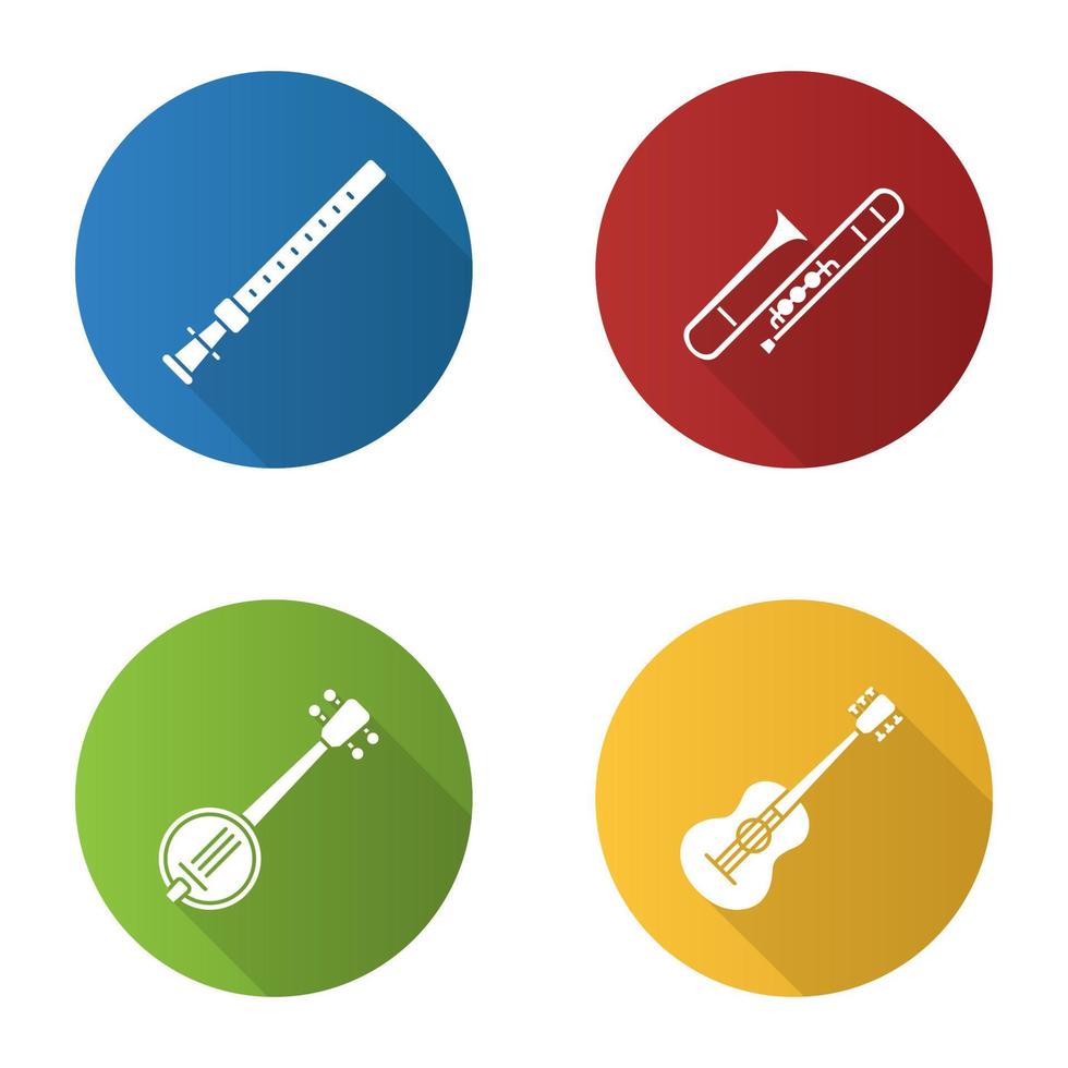 Musical instruments flat design long shadow glyph icons set. Duduk, guitar, banjo, trombone. Vector silhouette illustration