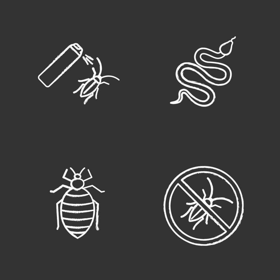 Pest control chalk icons set. Snake, bed bug, cockroach bait, stop roaches. Isolated vector chalkboard illustrations
