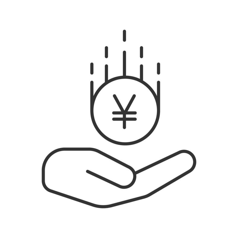 Open hand with yen coin linear icon. Saving money. Thin line illustration. Contour symbol. Vector isolated outline drawing