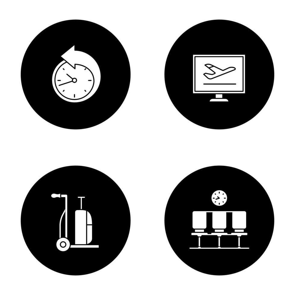 Airport service glyph icons set. Reschedule, flights schedule, luggage cart, waiting hall. Vector white silhouettes illustrations in black circles