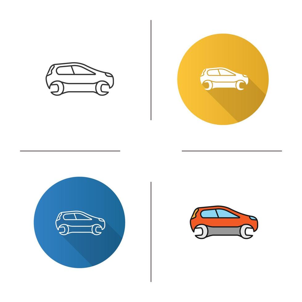 Car with spanner icon. Flat design, linear and color styles. Repair service. Auto workshop. Isolated vector illustrations