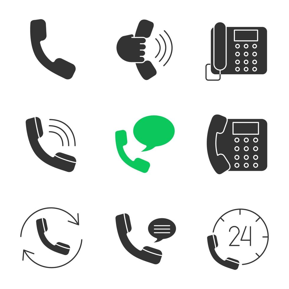Phone communication glyph icons set. Handset, incoming call, landline phone, voice message, call back, hotline. Silhouette symbols. Vector isolated illustration