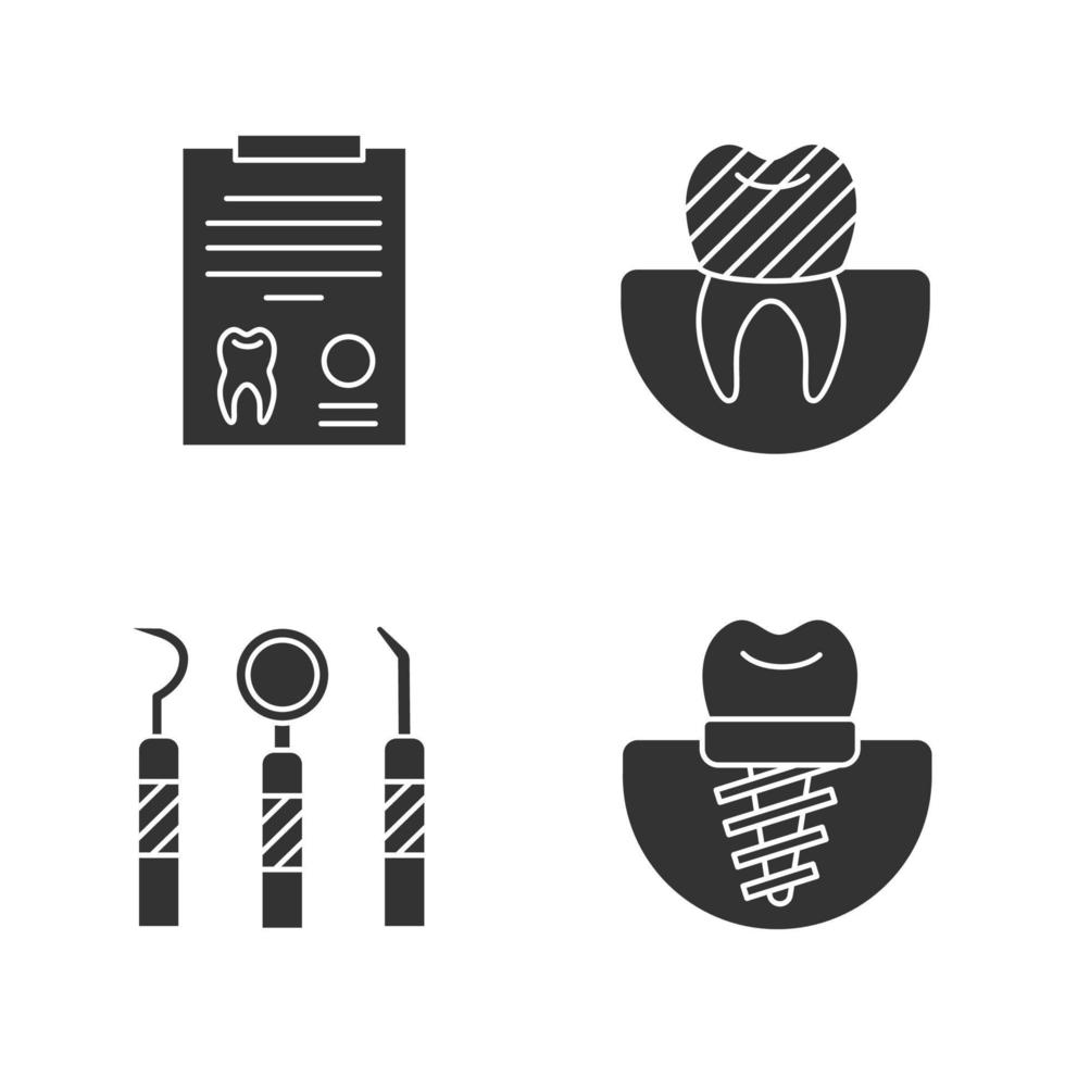 Dentistry glyph icons set. Stomatology. Diagnostic report, tooth implant and crown, dental instruments. Silhouette symbols. Vector isolated illustration