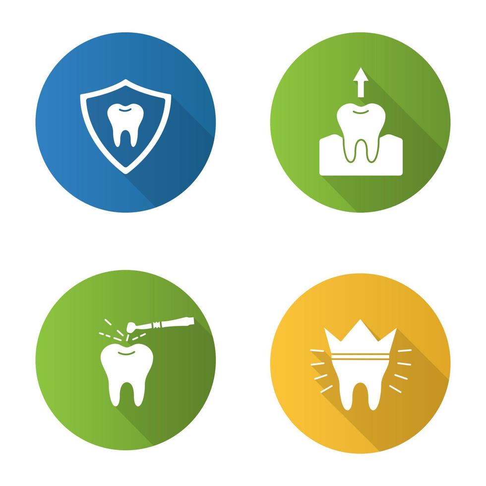 Dentistry flat design long shadow glyph icons set. Stomatology. Teeth protection, tooth extraction, stomatological drill, dental crown.Vector silhouette illustration vector