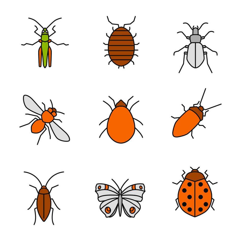 Insects color icons set. Grasshopper, woodlice, ground beetle, honey bee, mite, cockroach, butterfly, ladybug. Isolated vector illustrations