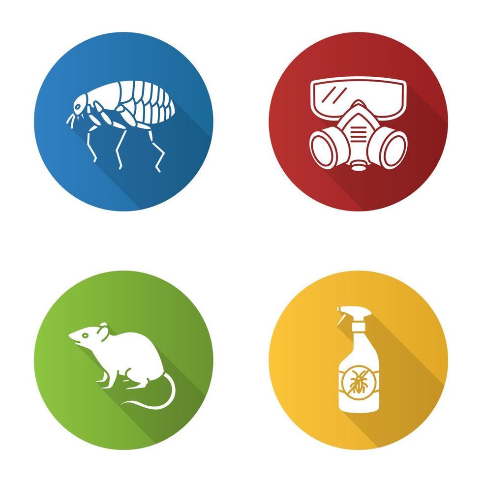 Pest control flat design long shadow glyph icons set. Insects repellent, flea, respirator, rodent. Vector silhouette illustration