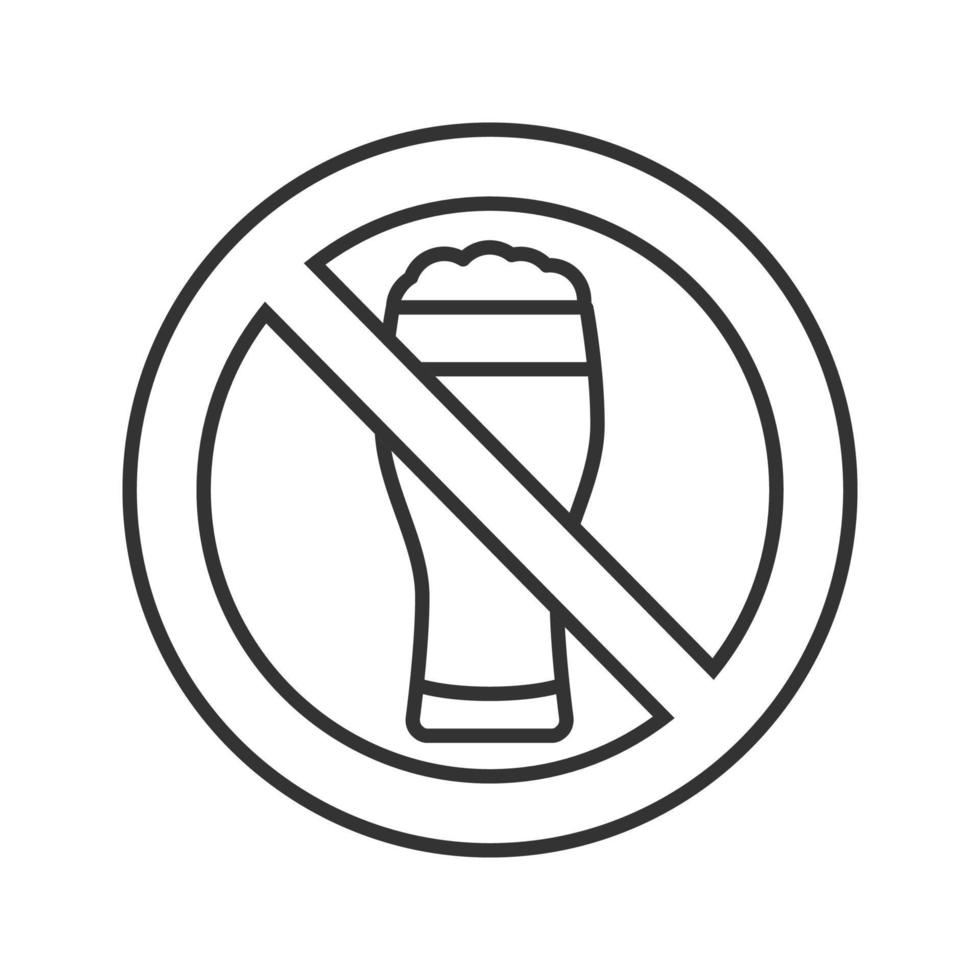 Forbidden sign with beer glass linear icon. Thin line illustration. No alcohol prohibition. Stop contour symbol. Vector isolated outline drawing
