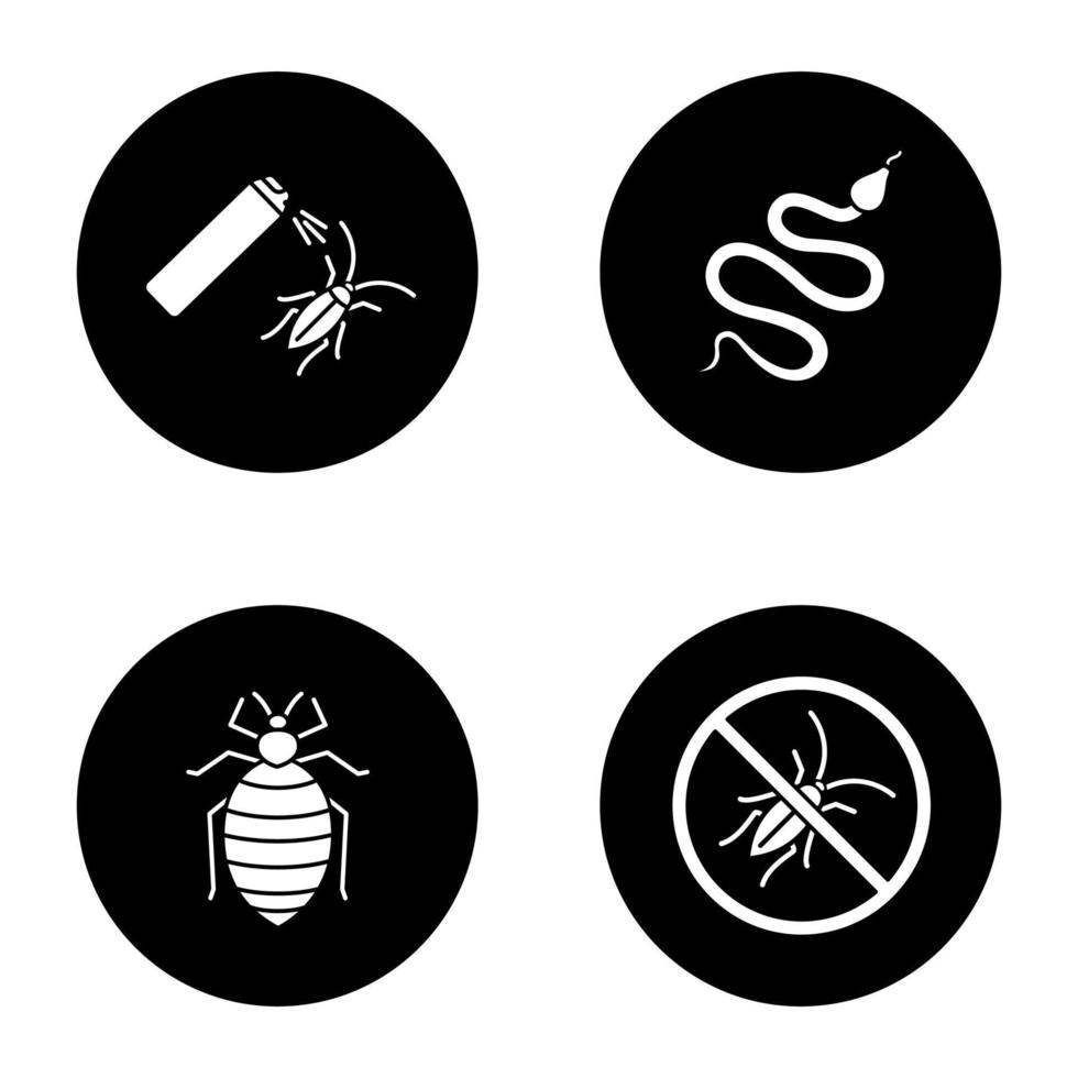 Pest control glyph icons set. Snake, bed bug, cockroach bait, stop roaches. Vector white silhouettes illustrations in black circles