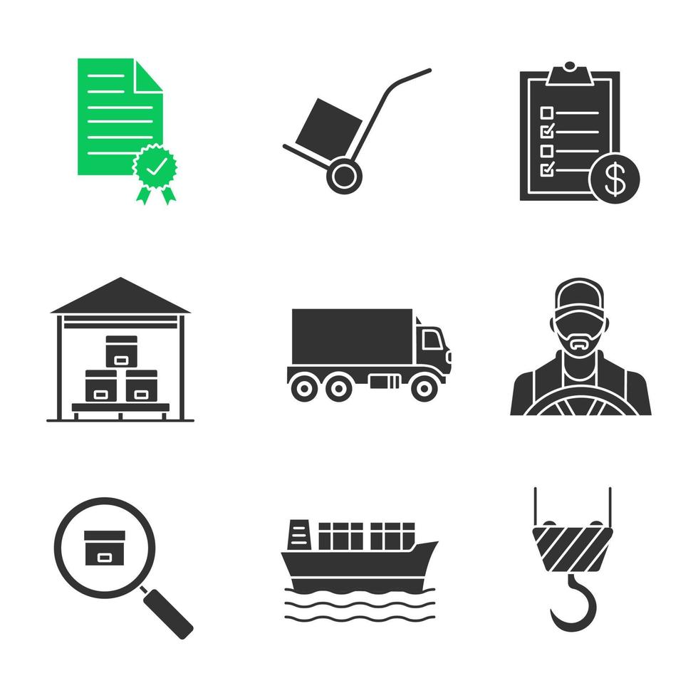 Cargo shipping glyph icons set. Certificate, dolly cart, invoice, warehouse, delivery truck, driver, parcel tracking, cargo vessel, crane hook. Silhouette symbols. Vector isolated illustration