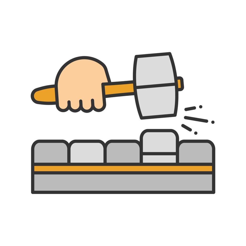 Pavement bricks with lump hammer color icon. Builder's hand. Isolated vector illustration