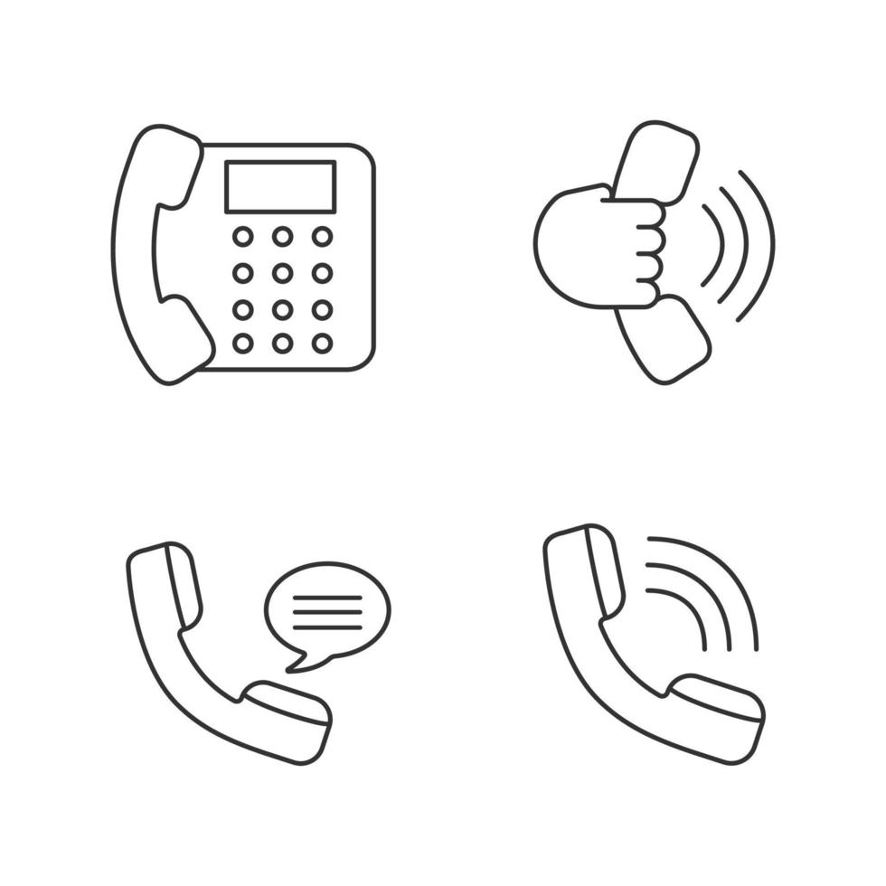 Phone communication linear icons set. Landline phone, handset in hand, incoming call, voice message. Thin line contour symbols. Isolated vector outline illustrations