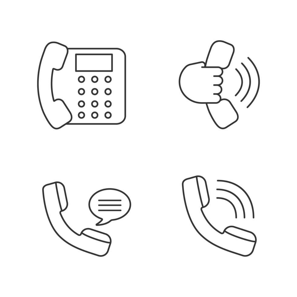 conjunto de iconos lineales de comunicación telefónica. teléfono fijo, auricular en mano, llamada entrante, mensaje de voz. símbolos de contorno de línea delgada. Ilustraciones de vectores aislados