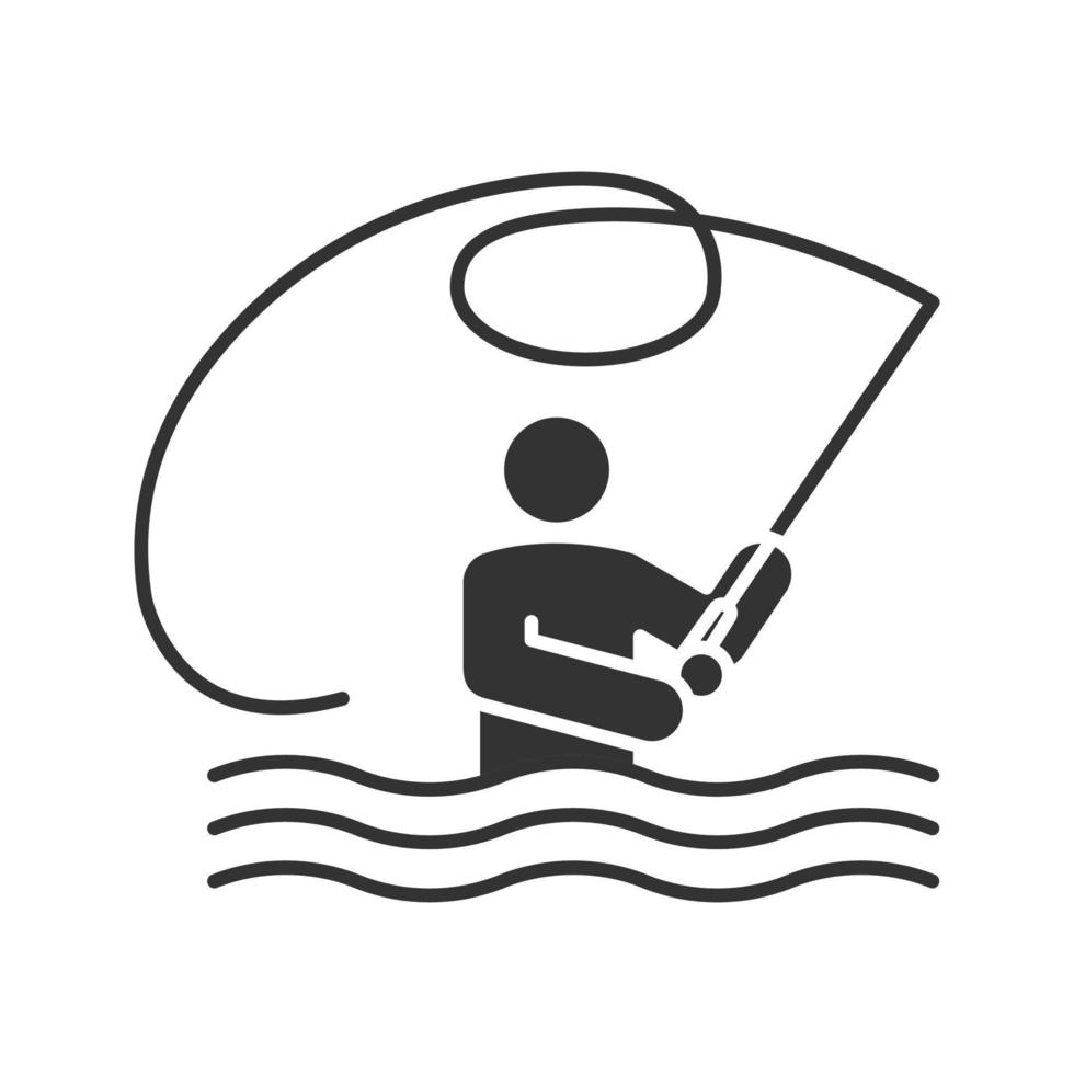 Fly fishing glyph icon. Fisherman. Man with fishing rod. Silhouette symbol. Negative space. Vector isolated illustration