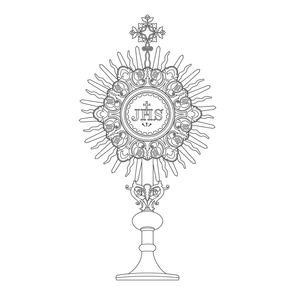 Monstrance for the exposition of the Blessed Sacrament of the Eucharist Illustration Outline Monochrome vector