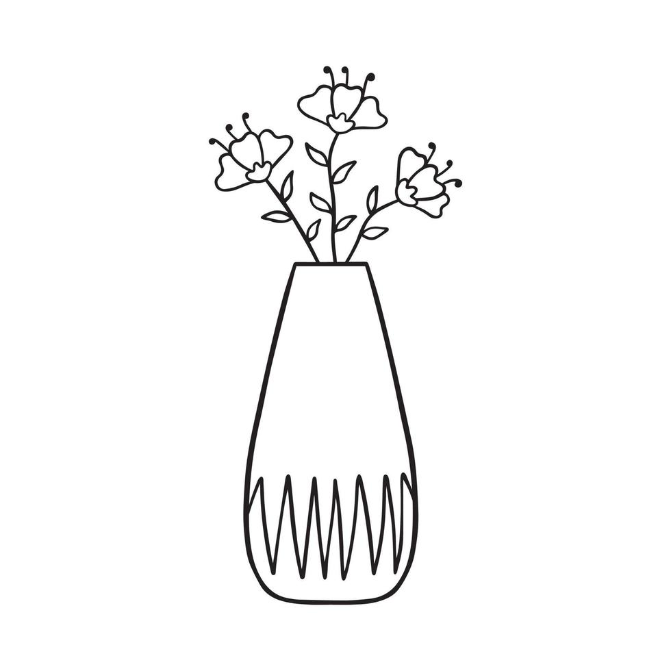 Hand drawn flowers in a vase doodle.  Home plants in sketch style.  Vector illustration isolated on white background.