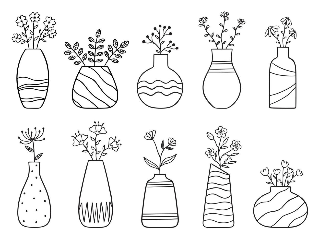 Hand drawn set of flowers and branches in a vase. doodle.  Home plants in sketch style.  Vector illustration isolated on white background.