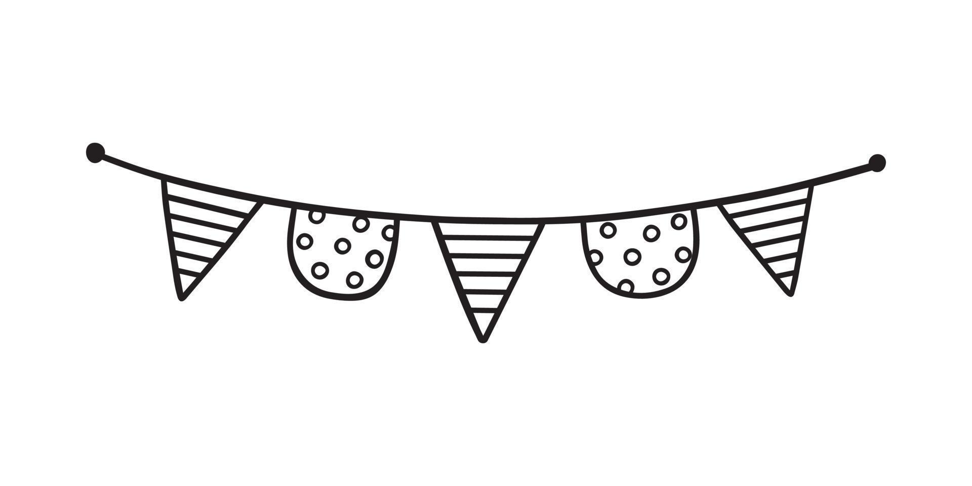 Hand drawn party bunting flags doodle.  Birthday garland in sketch style.  Vector illustration isolated on white background.