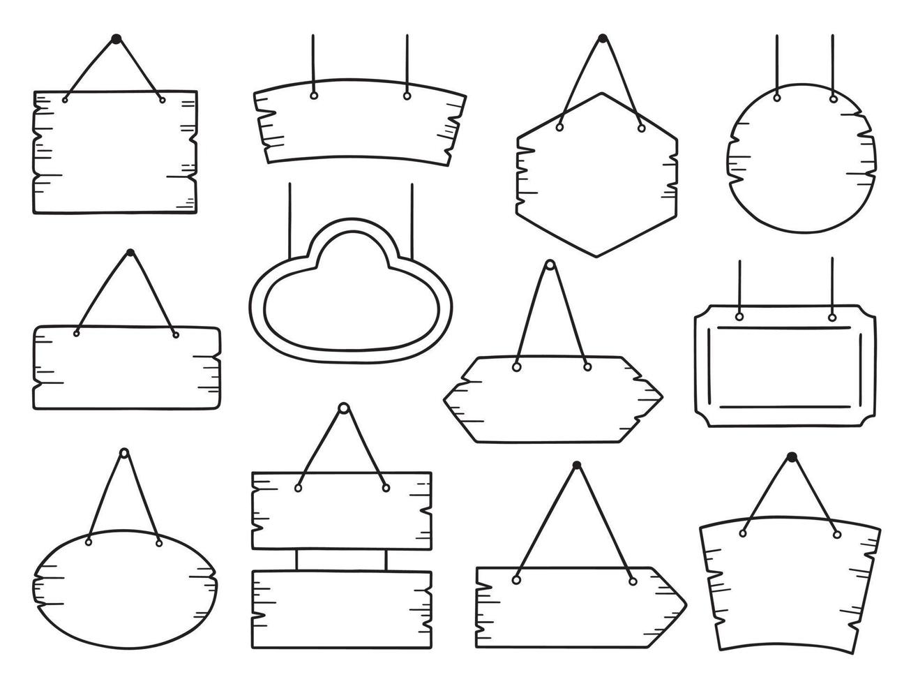 conjunto dibujado a mano de garabatos de letreros de madera. cartel o marco de puerta colgante, tablón de madera en estilo boceto. ilustración vectorial aislado sobre fondo blanco. vector