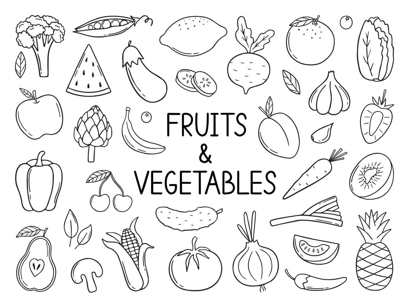 Hand drawn set of fruits and vegetables doodle. Vegetarian food in sketch style. Vector illustration isolated on white background.