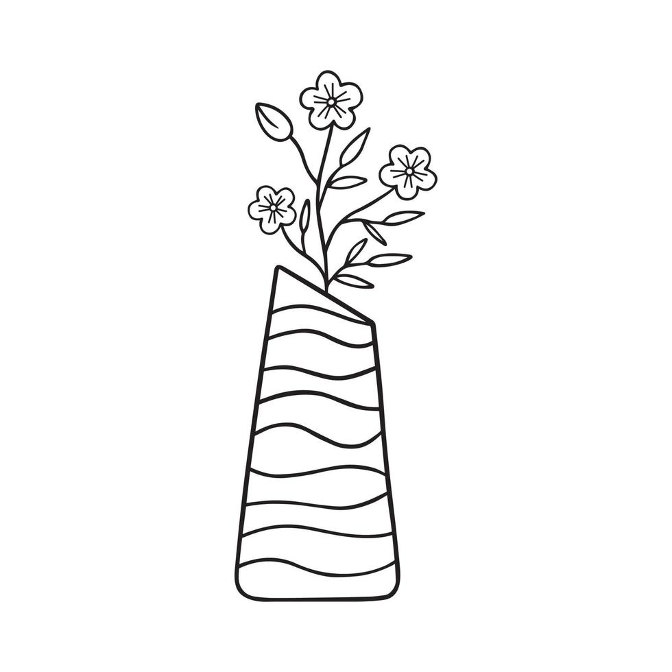 Hand drawn flowers in a vase doodle. Home plants in sketch style.  Vector illustration isolated on white background.