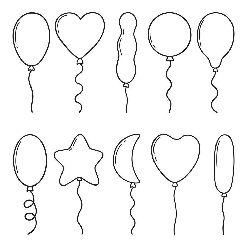 Hand drawn set of balloons doodle. Different shapes of balloons in sketch style. Vector illustration isolated on white background. For posters, greeting cards, birthday party decorations.