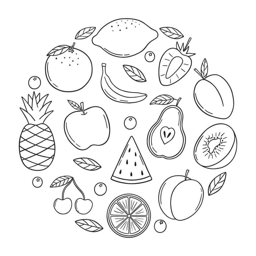 Hand drawn set of summer tropical fruits doodle.  Vegetarian food in sketch style.  Vector illustration isolated on white background.