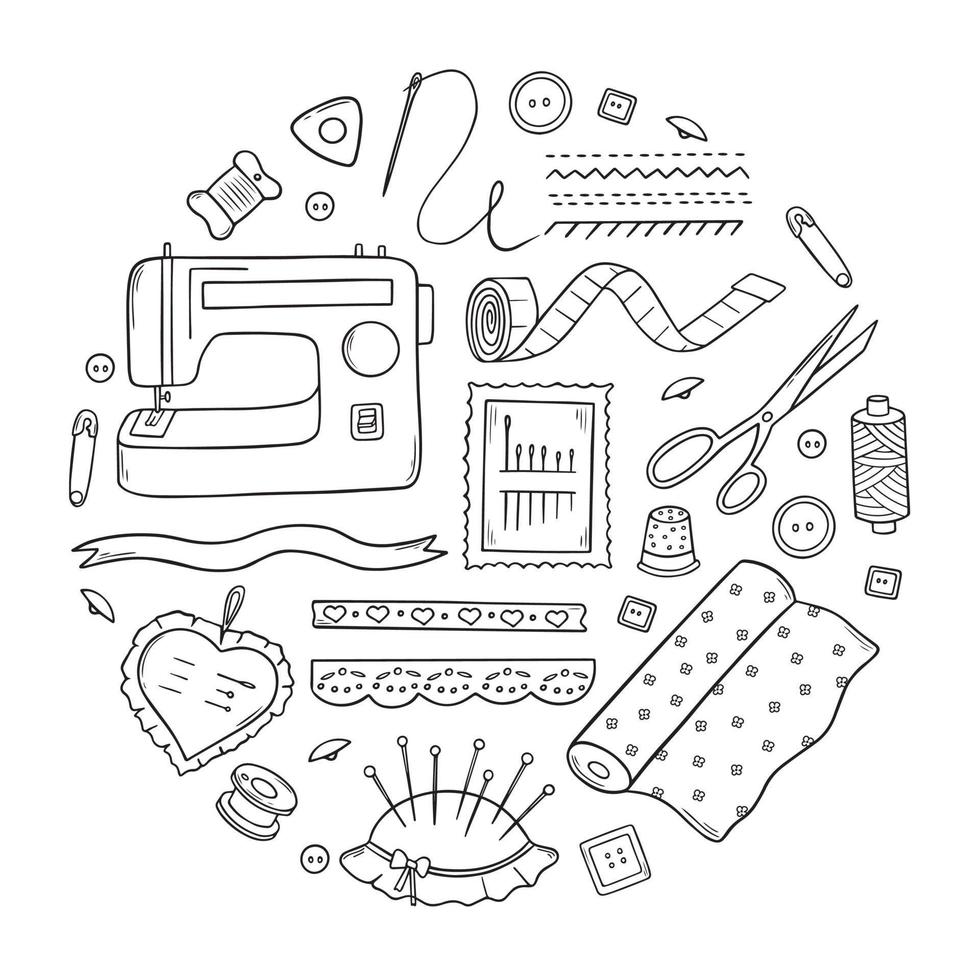 Hand drawn set of sewing and needlework doodle. Craft supplies and