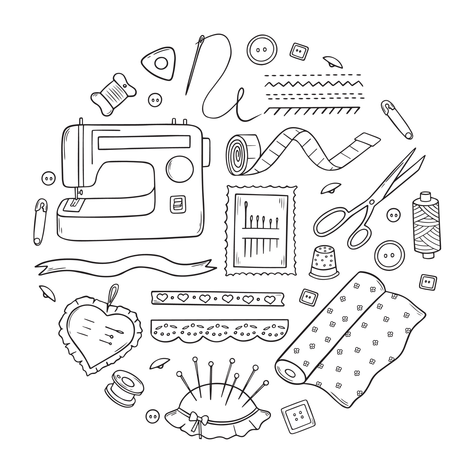 Hand drawn set of sewing and needlework doodle. Craft supplies and