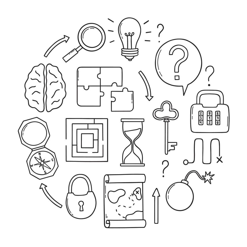 Hand drawn set of quest doodle. Riddles, puzzles and quizzes. Compass