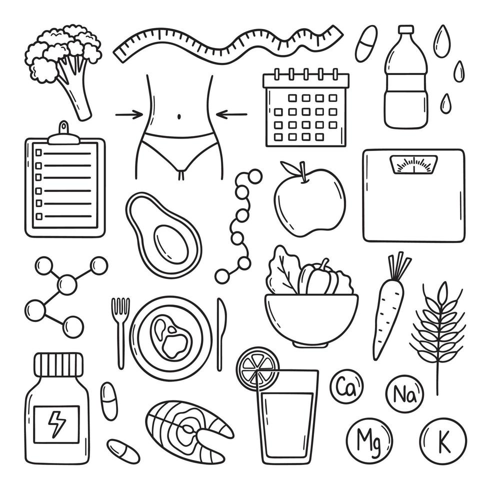 Doodle de comida de dieta de desintoxicación y nutrición dibujada a mano. pérdida de peso. alimentos saludables y nutrientes en estilo boceto. ilustración vectorial aislado sobre fondo blanco. vector