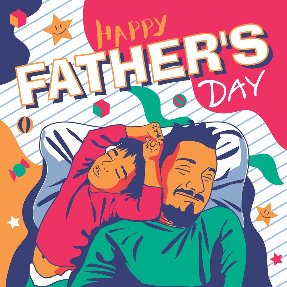 Vector illustration, happy father with a son. Happy Father's day card design. Father and son sleeping.