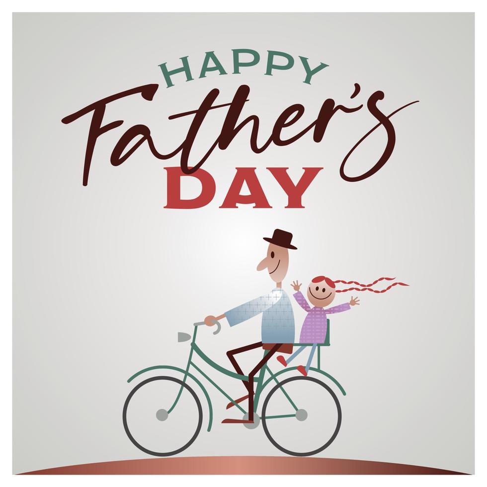 Vector illustration, happy father with a daughter. Happy Father's day card design. Father and daughter on a bicycle. bicycle cartoon.
