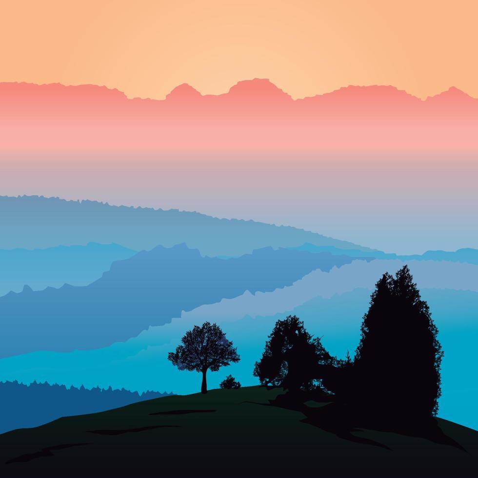 puesta de sol de verano en las montañas. colores de fondo morado y azul vector