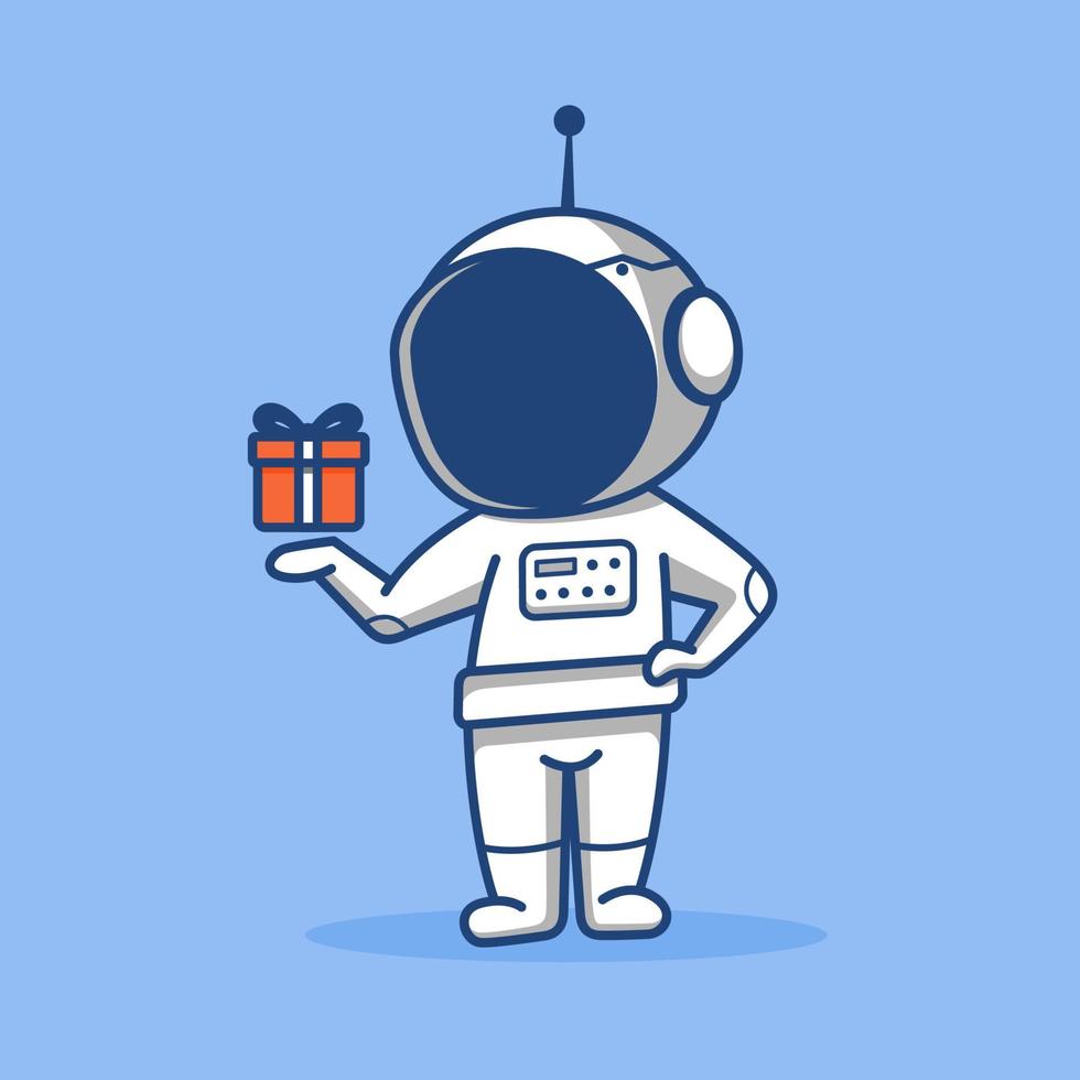 astronauta chibi de dibujos animados con un regalo en la mano vector