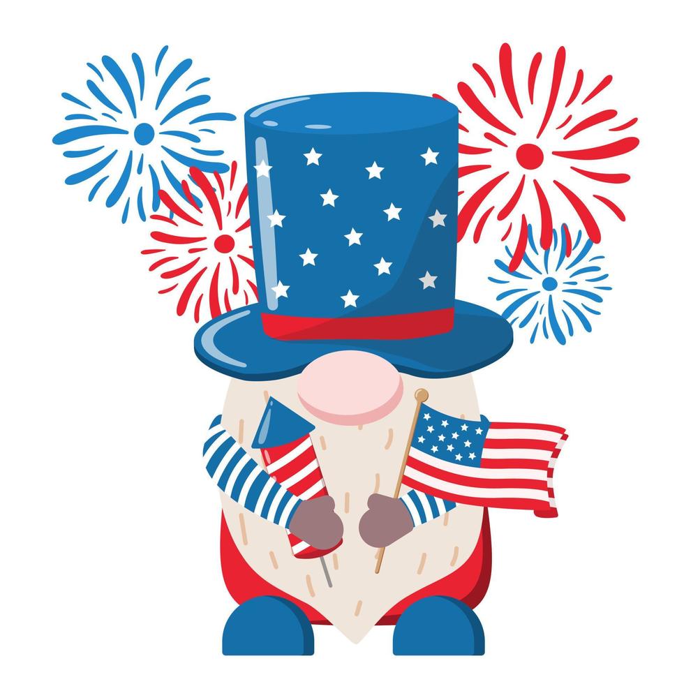 American Independence day patriotic gnome in top hat holding cracker and flag in hands. Vector illustration. Holiday 4th of July party invitation, card design. Isolated on white background.