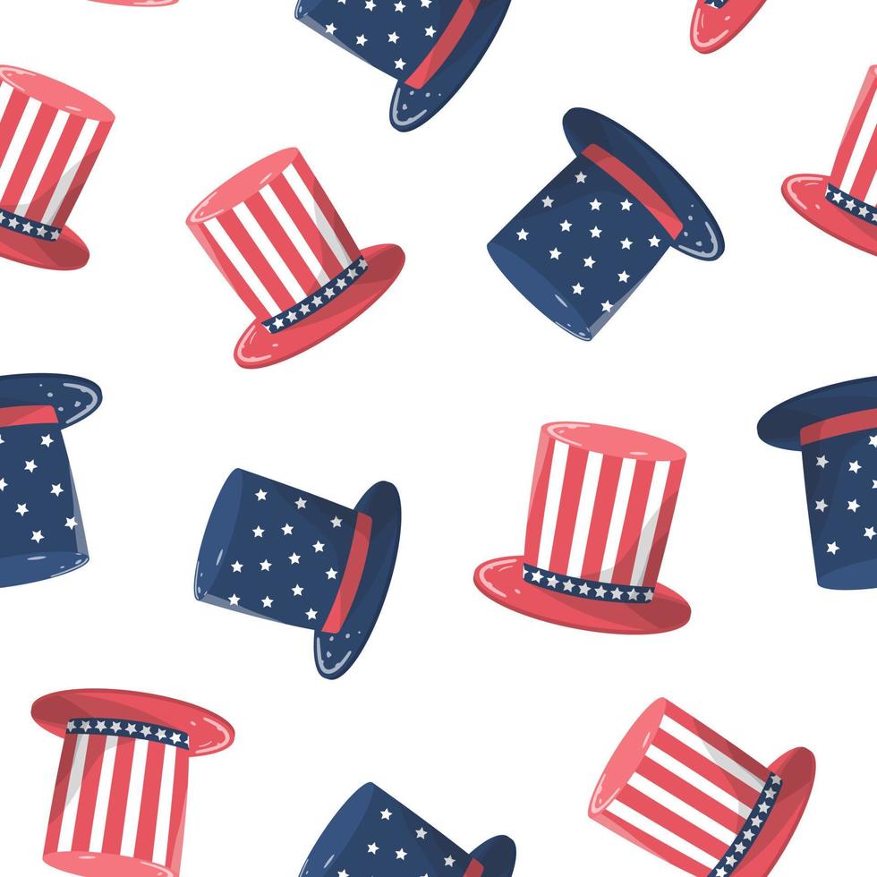 Uncle Sam's top hats seamless pattern in national colors. Isolated on white background. Design for American holidays party, wallpaper vector