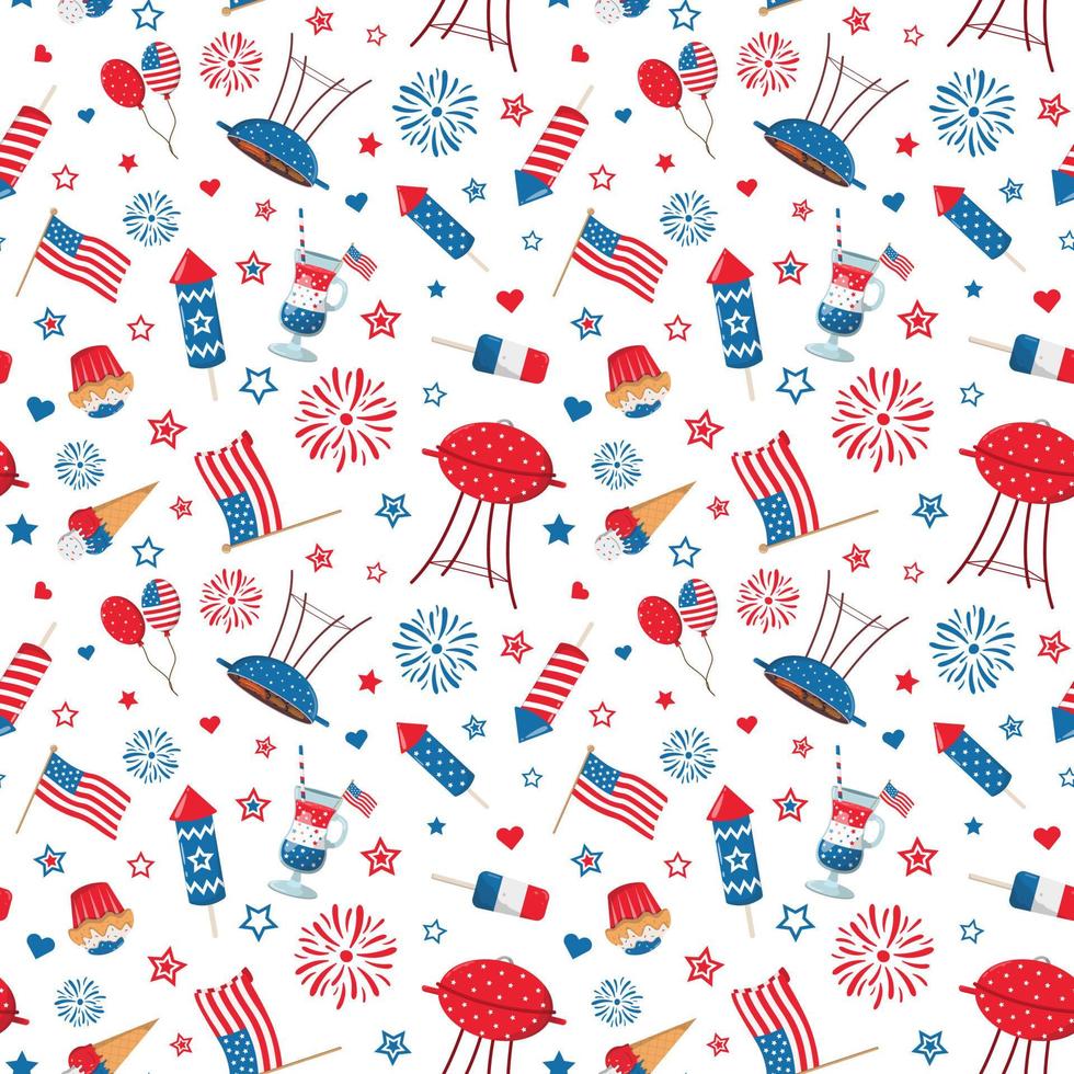 Fourth of July and Memorial day party seamless pattern on a white background. 4th of July, Independence Day themed design. vector