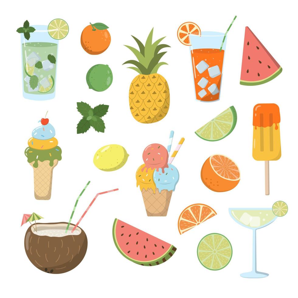 bebidas de verano de dibujos animados, frutas tropicales maduras y una colorida colección de helados. aislado sobre fondo blanco. listo para la decoración de fiestas de verano. vector